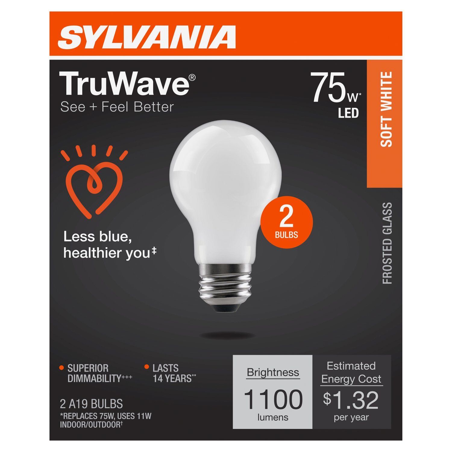 Sylvania TruWave Soft White 75W LED A19 Bulbs, 2 count