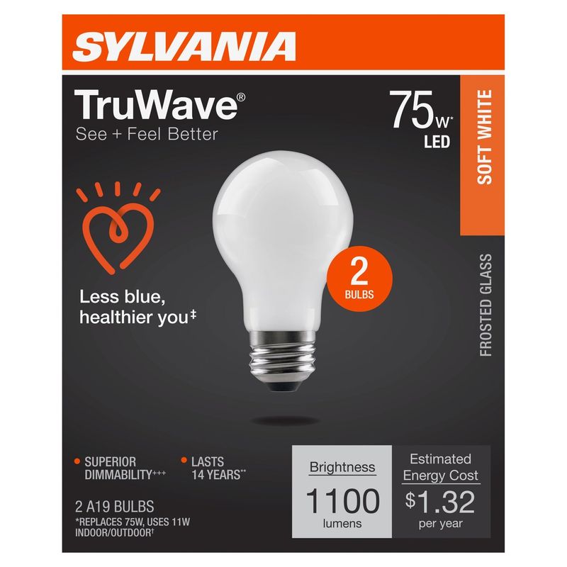 Sylvania TruWave Soft White 75W LED A19 Bulbs, 2 count