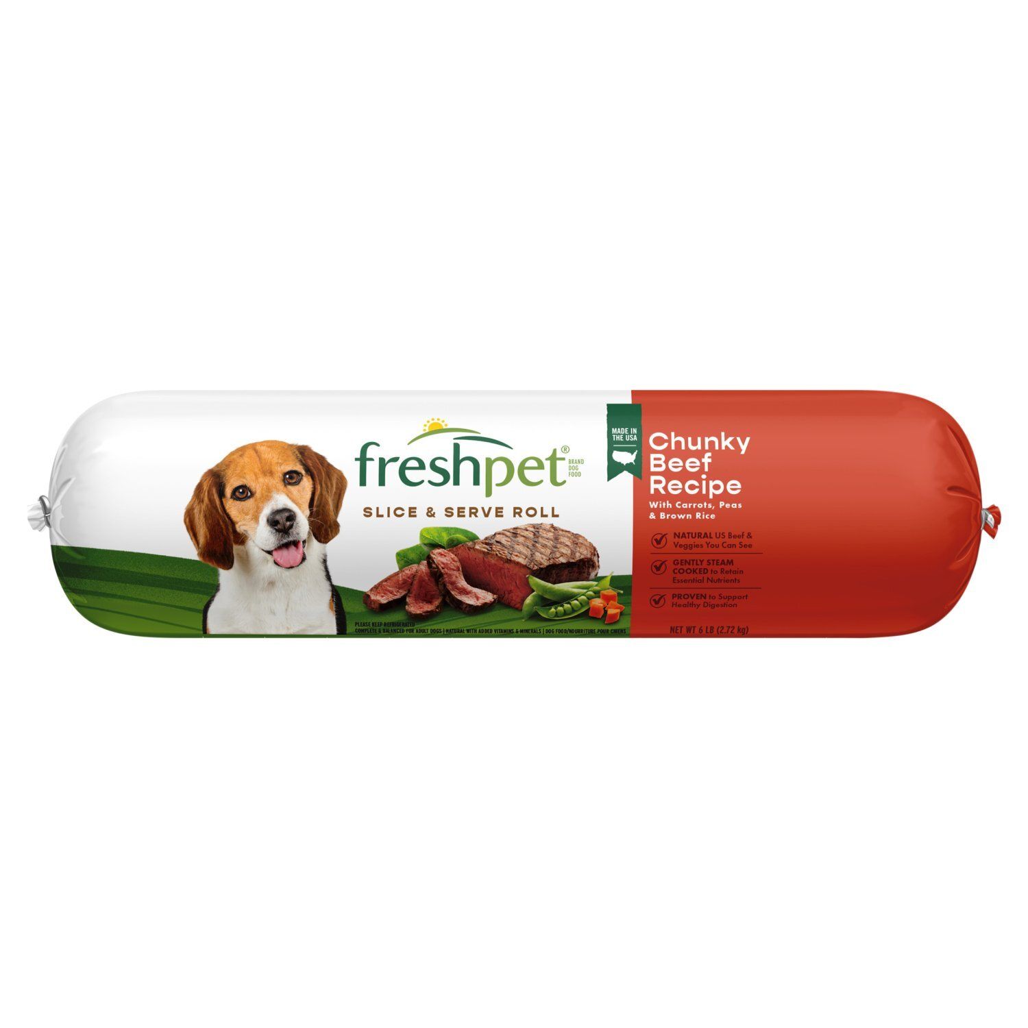 Freshpet Chunky Beef Recipe with Carrots, Peas &amp; Brown Rice Slice &amp; Serve Roll Dog Food, 6 lb