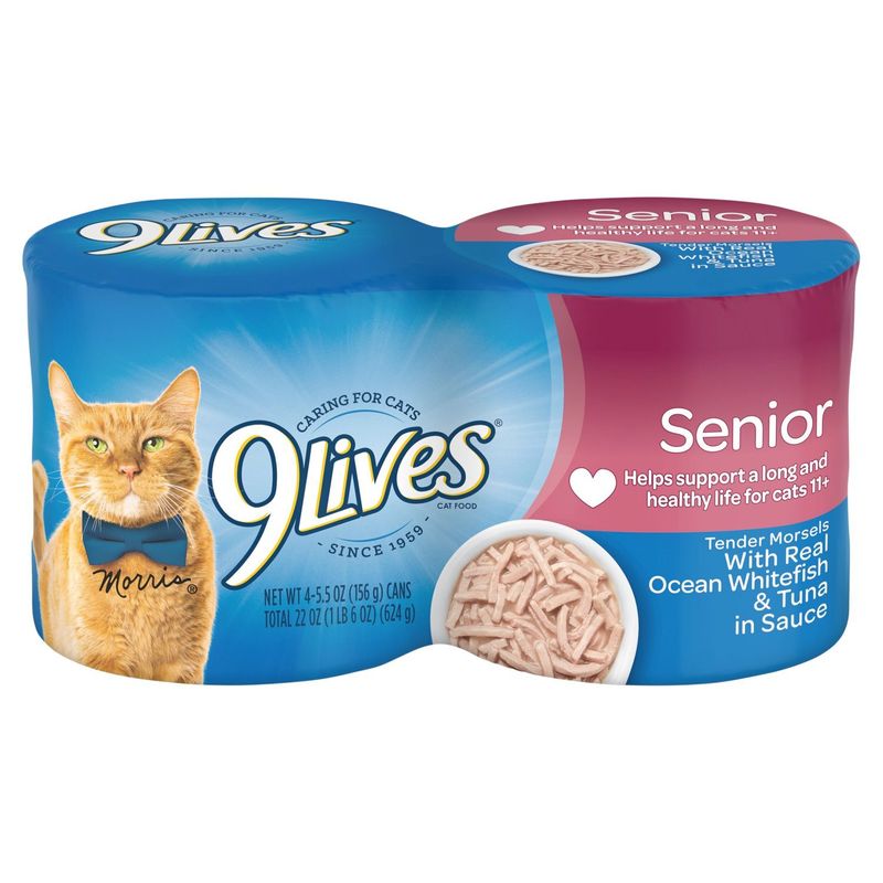 9Lives Senior Tender Morsels with Real Ocean Whitefish &amp; Tuna in Sauce Cat Food, 5.5 oz, 4 count
