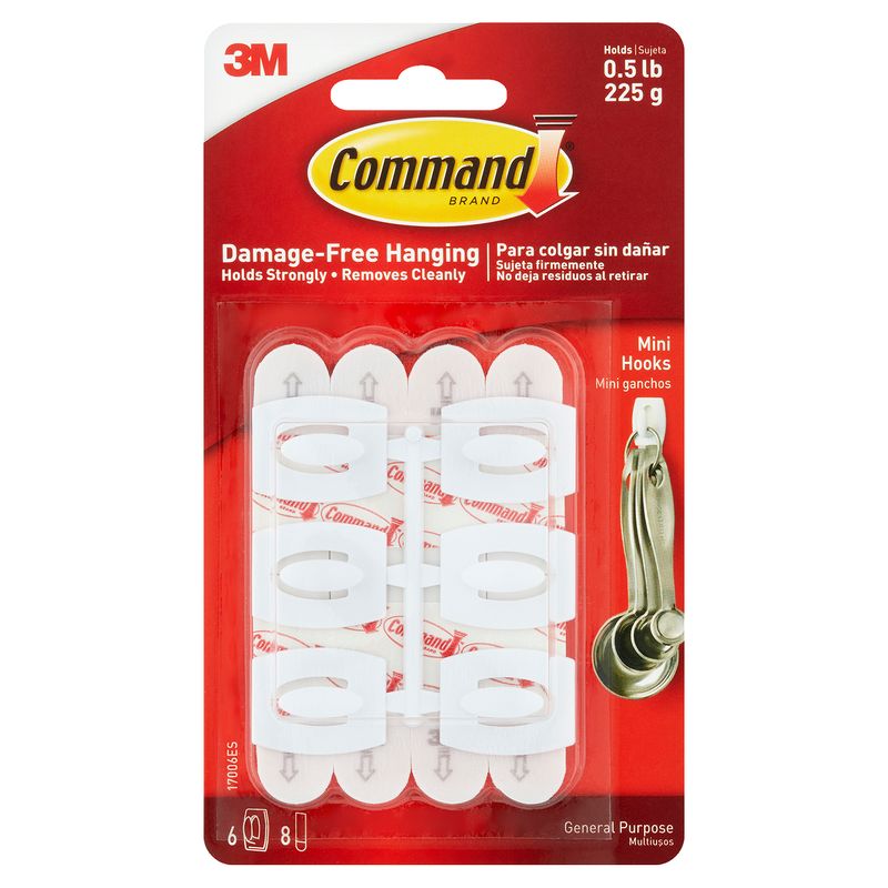 Command™ Mini Hooks, White, 6 Hooks, 8 Strips/Pack