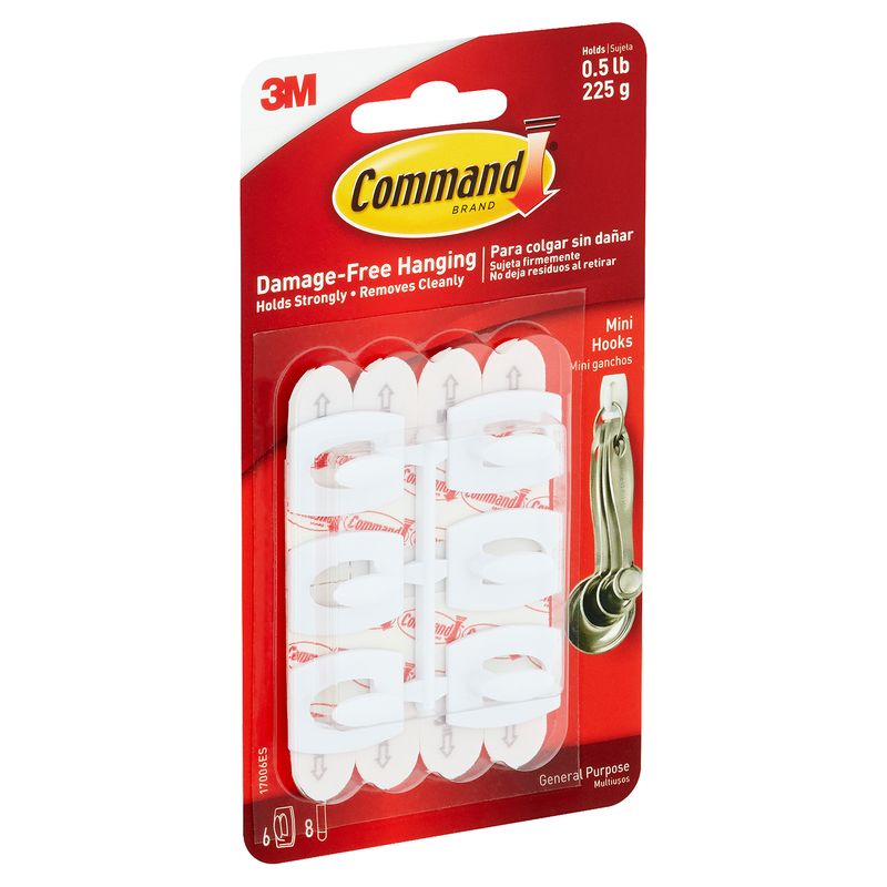 Command™ Mini Hooks, White, 6 Hooks, 8 Strips/Pack