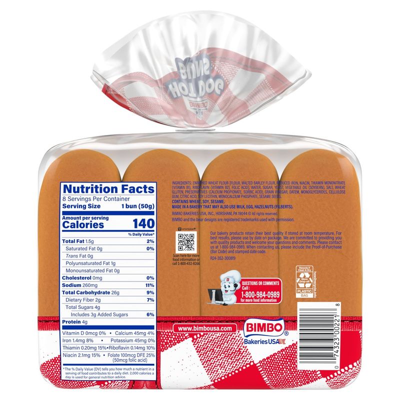 Bimbo Hot Dog Buns, 8 count, 14 oz