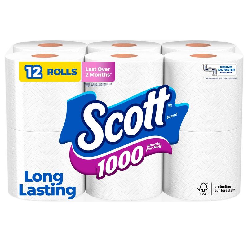 Scott Unscented Bathroom Tissue, 1000 Sheets, 12 count