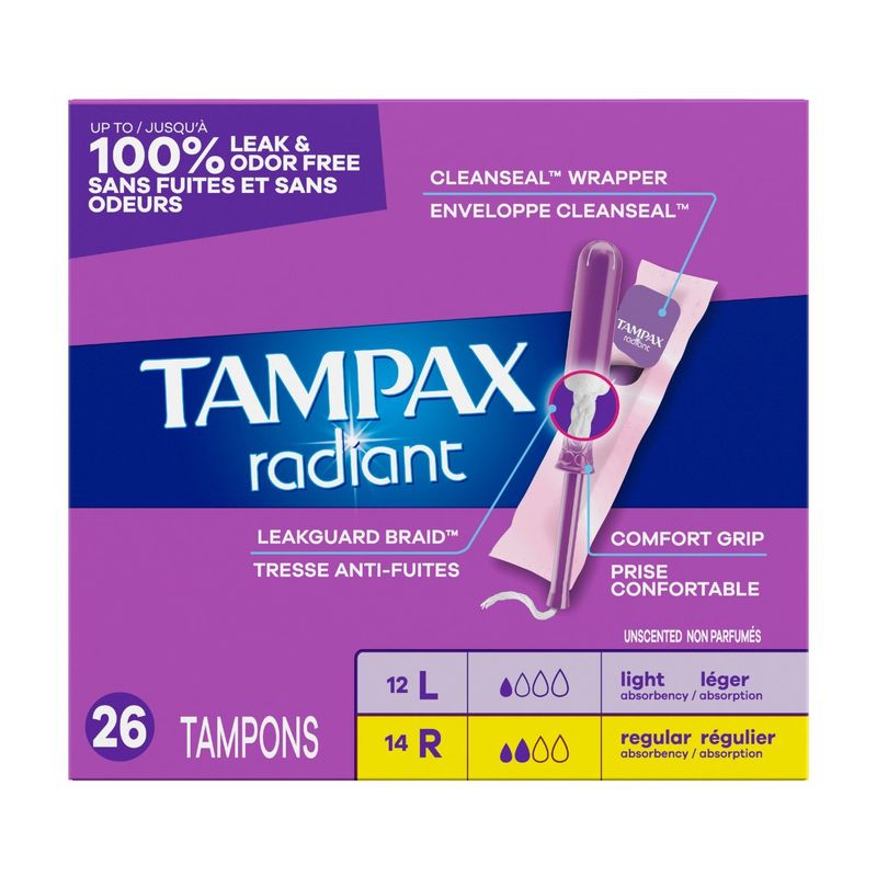 Tampax Radiant Tampons Multipack, with LeakGuard Braid, Light/Regular Absorbency, Unscented, 26 Cou