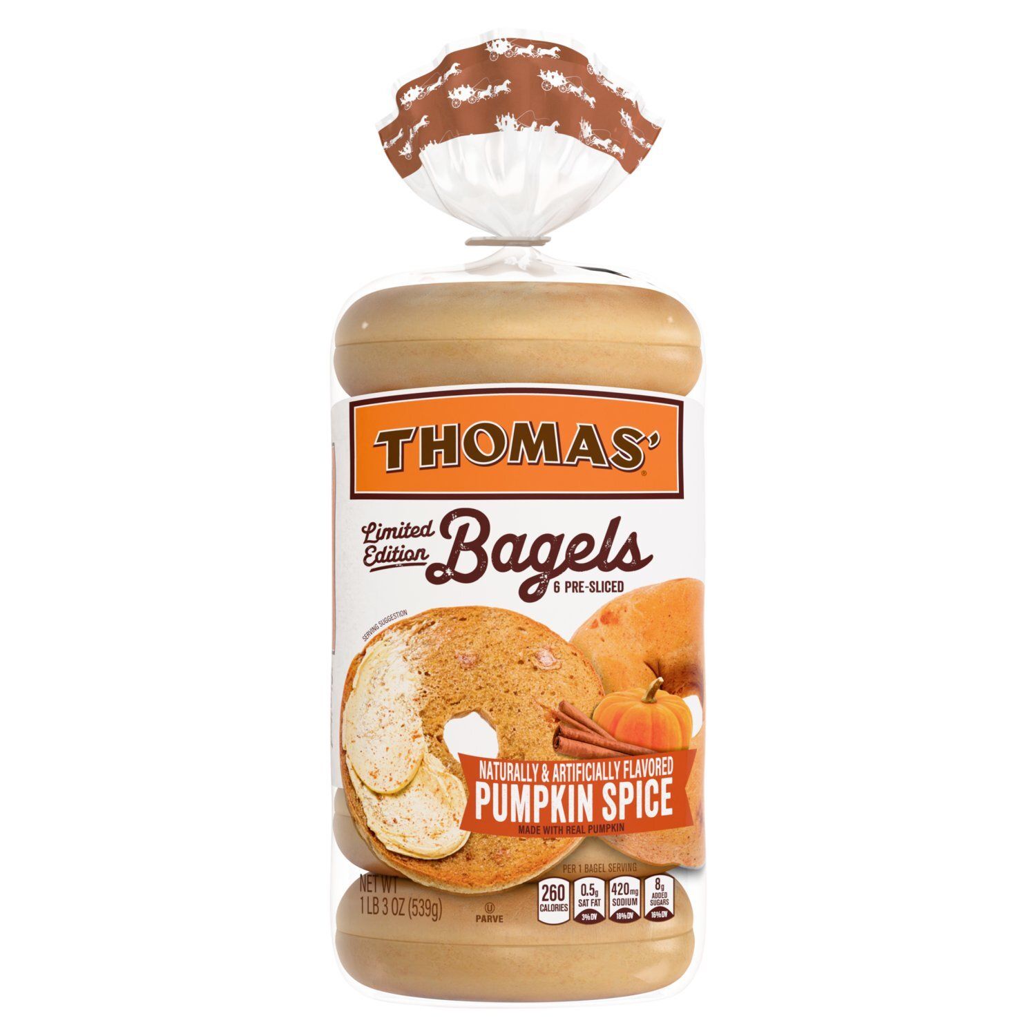 Thomas' Pumpkin Spice Pre-Sliced Bagels Limited Edition, 6 count, 1 lb 3 oz