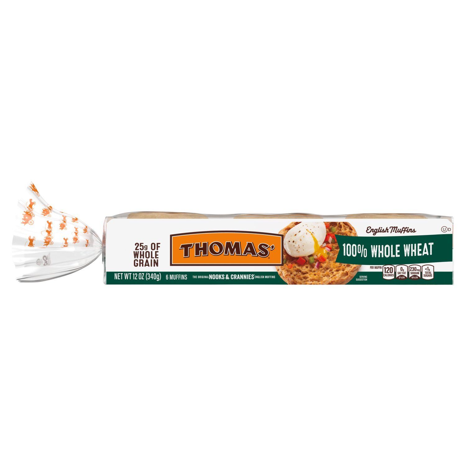 Thomas' Nooks &amp; Crannies the Original 100% Whole Wheat English Muffins, 6 count, 12 oz