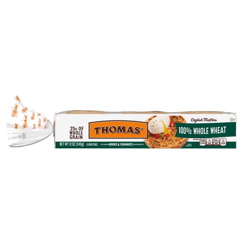 Thomas' Nooks &amp; Crannies the Original 100% Whole Wheat English Muffins, 6 count, 12 oz