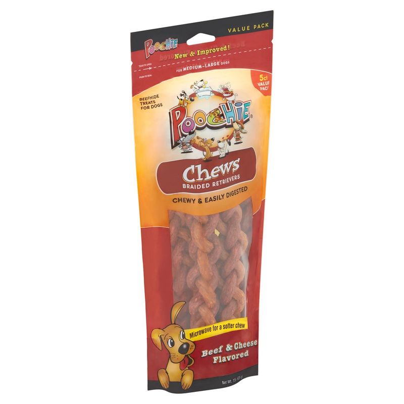 Poochie Chews Beef &amp; Cheese Flavored Beefhide Treats for Dogs Value Pack, 5 count, 15 oz
