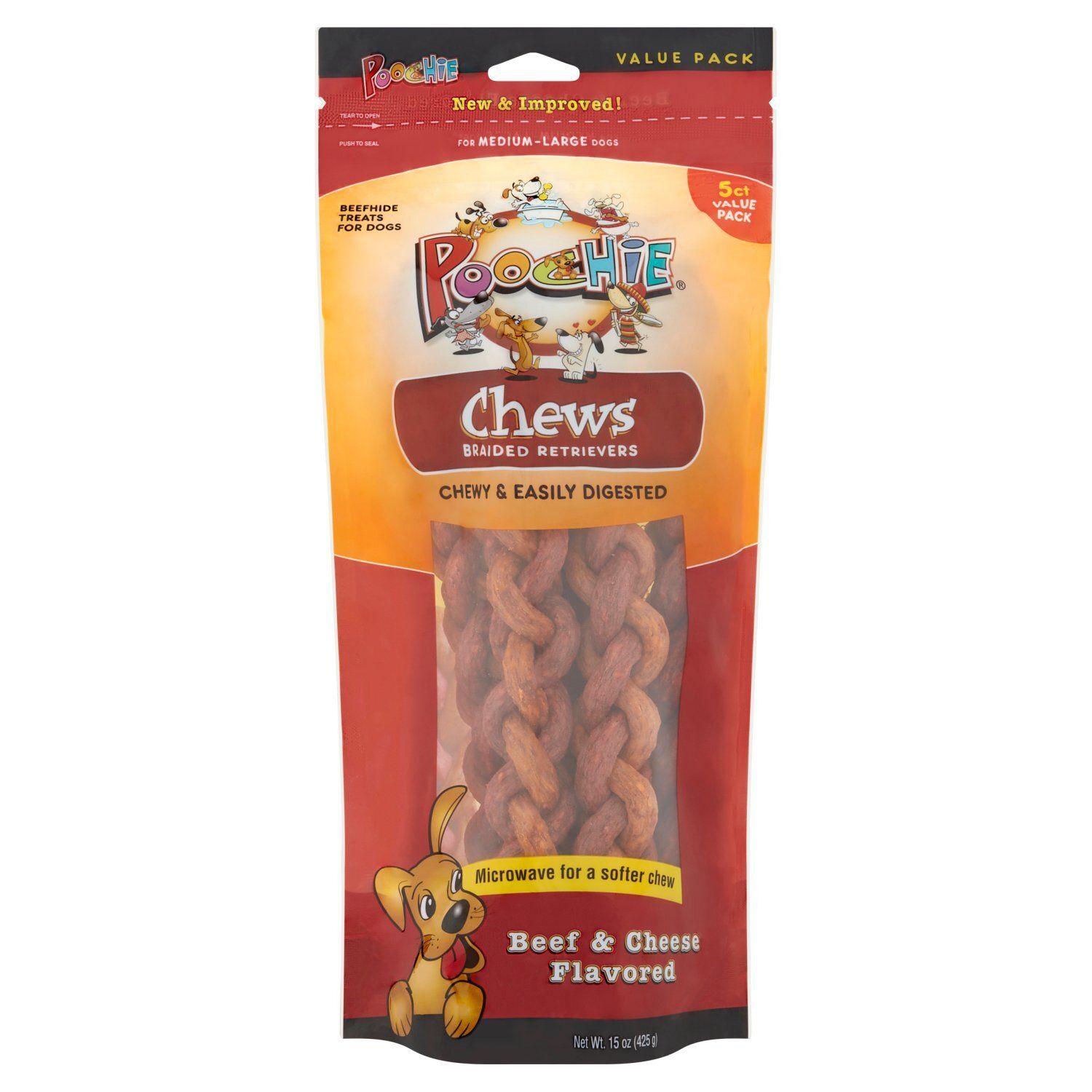 Poochie Chews Beef &amp; Cheese Flavored Beefhide Treats for Dogs Value Pack, 5 count, 15 oz