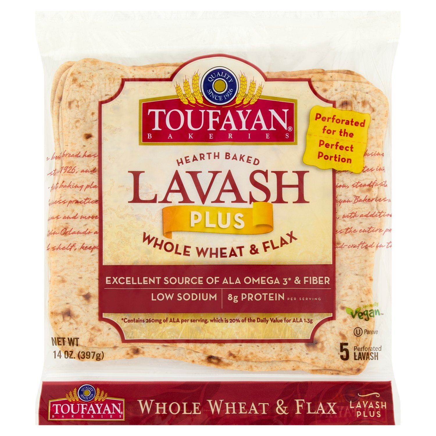 Toufayan Bakeries Hearth Baked Plus Whole Wheat &amp; Flax Perforated Lavash, 5 count, 14 oz