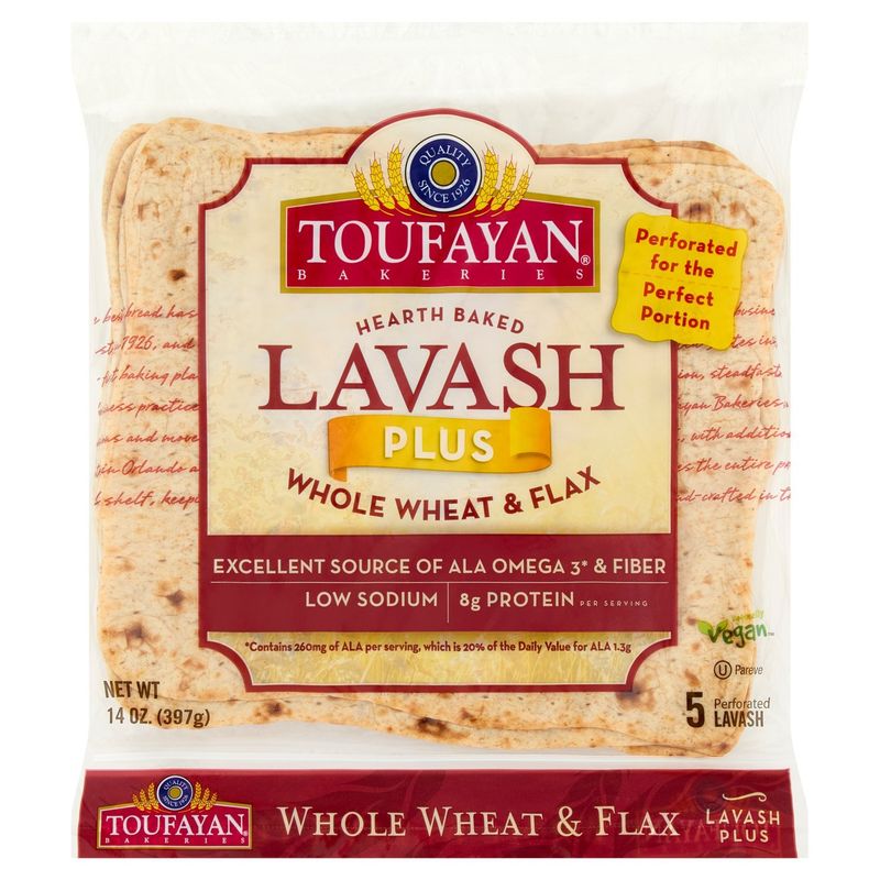 Toufayan Bakeries Hearth Baked Plus Whole Wheat &amp; Flax Perforated Lavash, 5 count, 14 oz