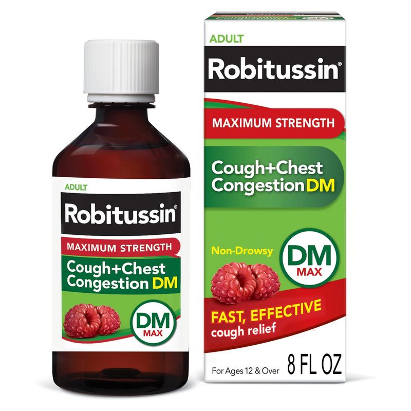 Robitussin Maximum Strength Adult Cough+Chest Congestion DM Liquid, For Ages 12 &amp; Over, 8 fl oz