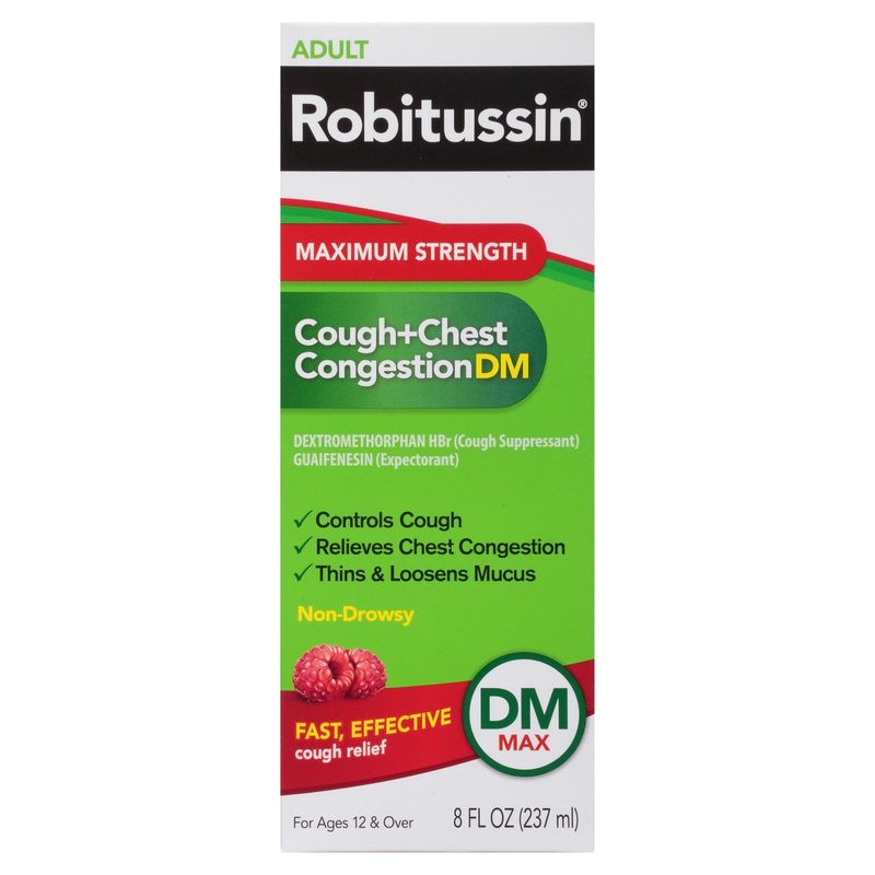 Robitussin Maximum Strength Adult Cough+Chest Congestion DM Liquid, For Ages 12 &amp; Over, 8 fl oz
