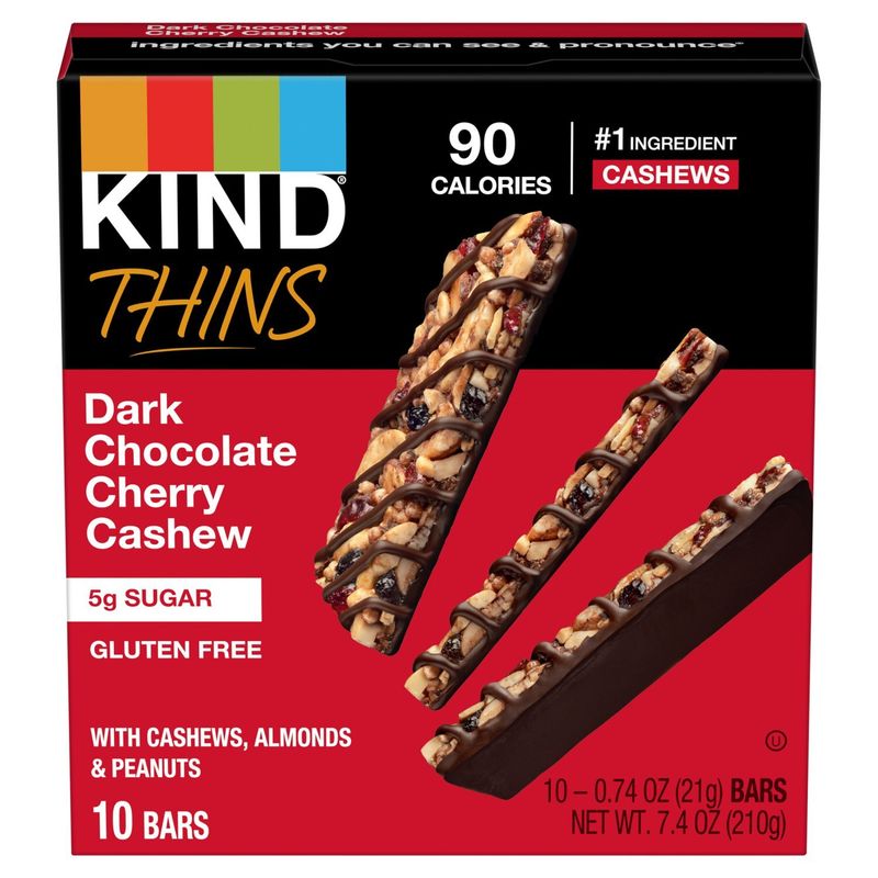 Kind Thins Dark Chocolate Cherry Cashew Bars, 0.74 oz, 10 count
