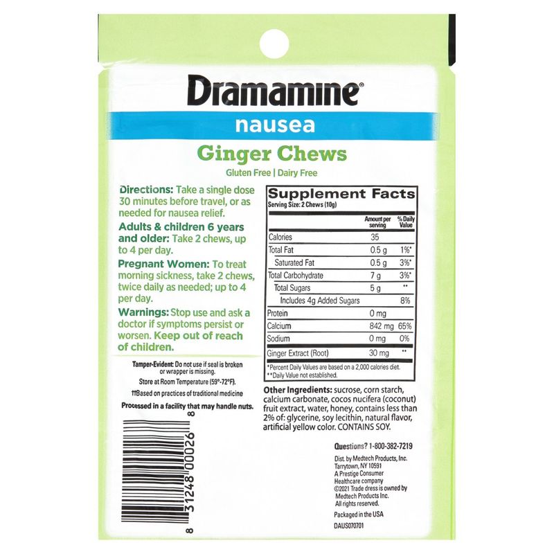 Dramamine Nausea Ginger Chews Dietary Supplement, 20 count