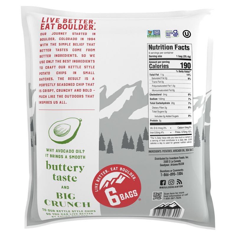 Boulder Canyon Avocado Oil Classic Sea Salt Kettle Style Potato Chips, 1.25 oz, 6 count