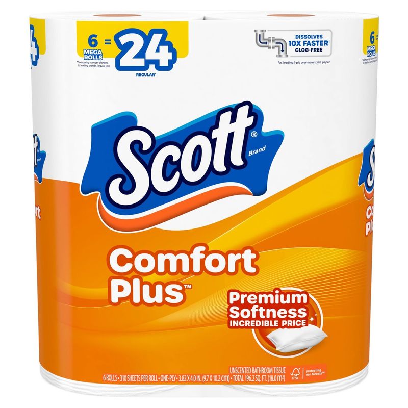 Scott Comfort Plus Unscented Bathroom Tissue, 6 count