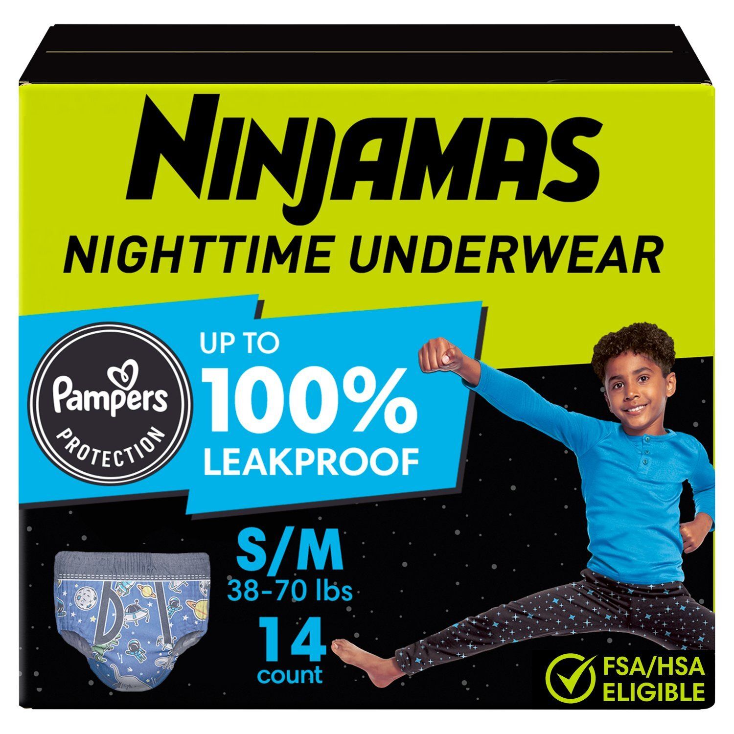 Ninjamas Nighttime Underwear Jumbo Pack, Size S/M, 38-70 lbs, 14 count