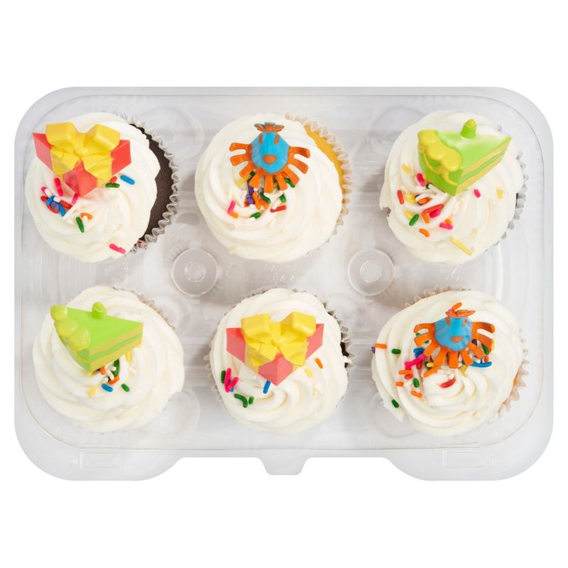 6 Pack Yellow &amp; Chocolate Cupcakes W/Vanilla Icing &amp; Picks