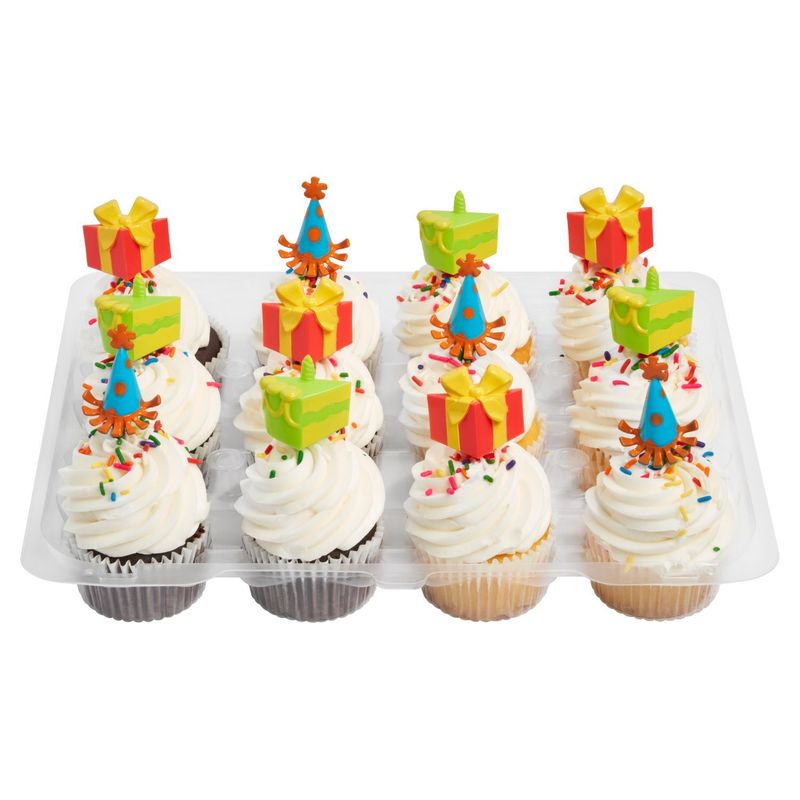 12 Pack Yellow &amp; Chocolate Cupcakes With Vanilla Icing &amp; Picks