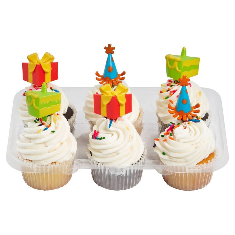 6 Pack Yellow &amp; Chocolate Cupcakes W/Vanilla Icing &amp; Picks