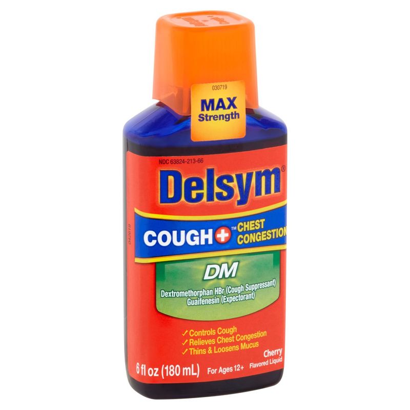 Delsym DM Cough + Chest Congestion Cherry Flavored Liquid, For Ages 12+, 6 fl oz