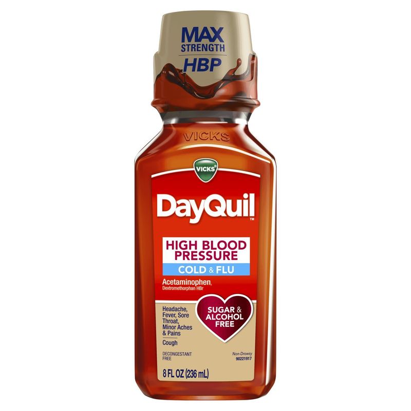VICKS DayQuil Max Strength High Blood Pressure Cold &amp; Flu Liquid, 8 fl oz
