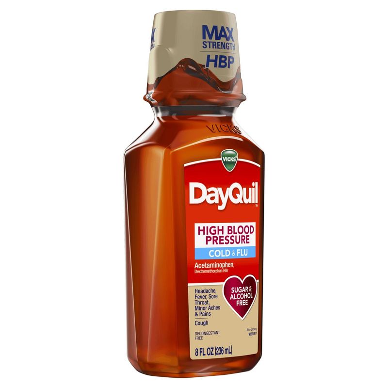 VICKS DayQuil Max Strength High Blood Pressure Cold &amp; Flu Liquid, 8 fl oz