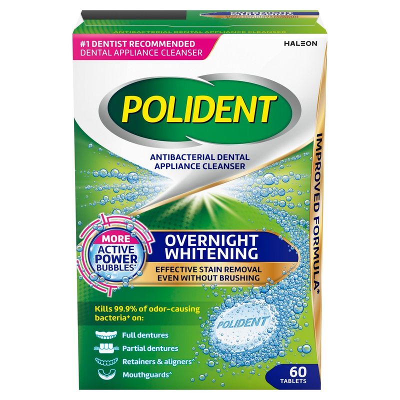 Polident Antibacterial Dental Appliance Cleanser Overnight Whitening Tablets, 60 count