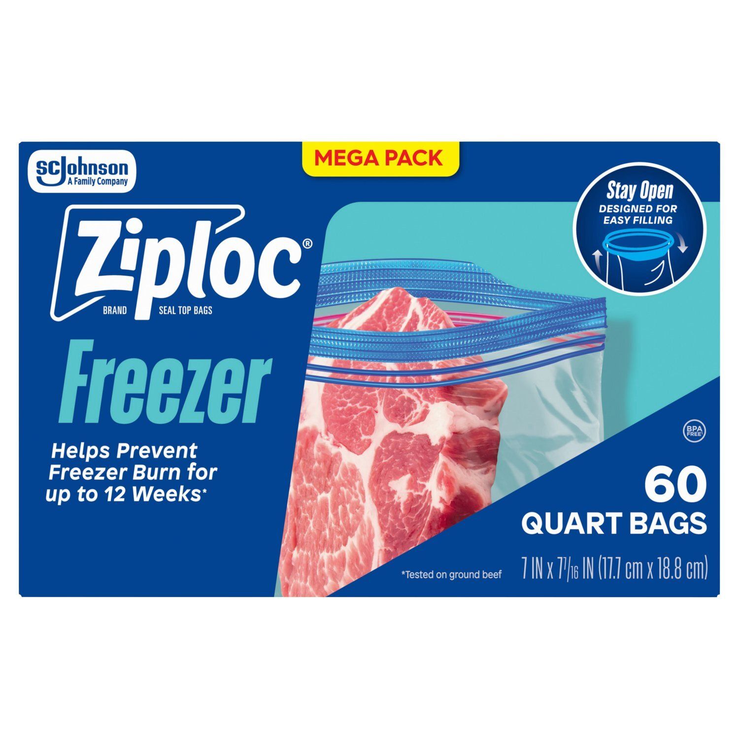Ziploc Brand Freezer Quart Seal Top Bags Mega Pack, 60 count