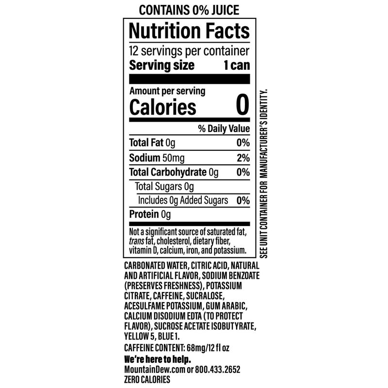 Mountain Dew Zero Sugar Baja Blast Soda Tropical Lime 12 Fl Oz X 12 Count