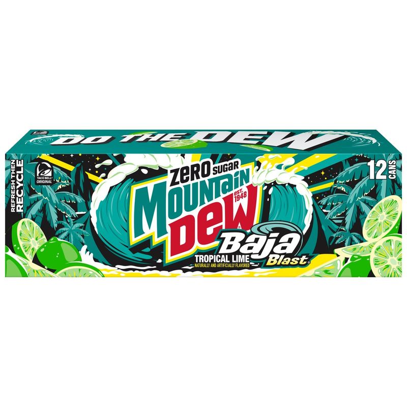 Mountain Dew Zero Sugar Baja Blast Soda Tropical Lime 12 Fl Oz X 12 Count