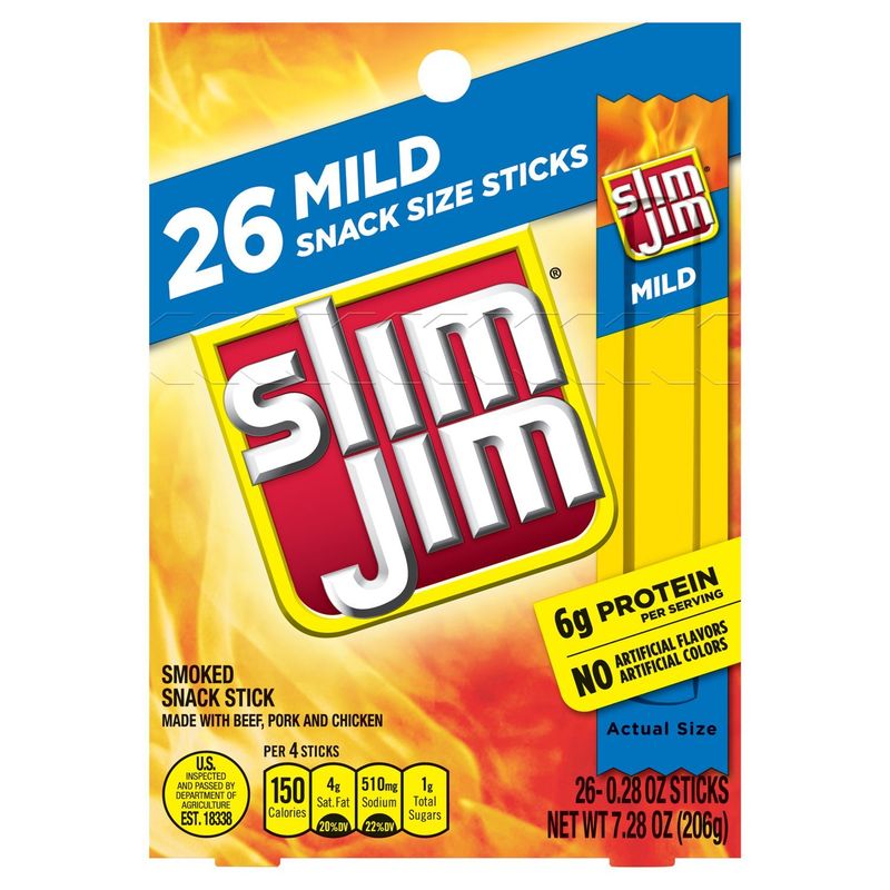 Slim Jim Mild Smoked Snack Sticks Snack Size, 0.28 oz, 26 count