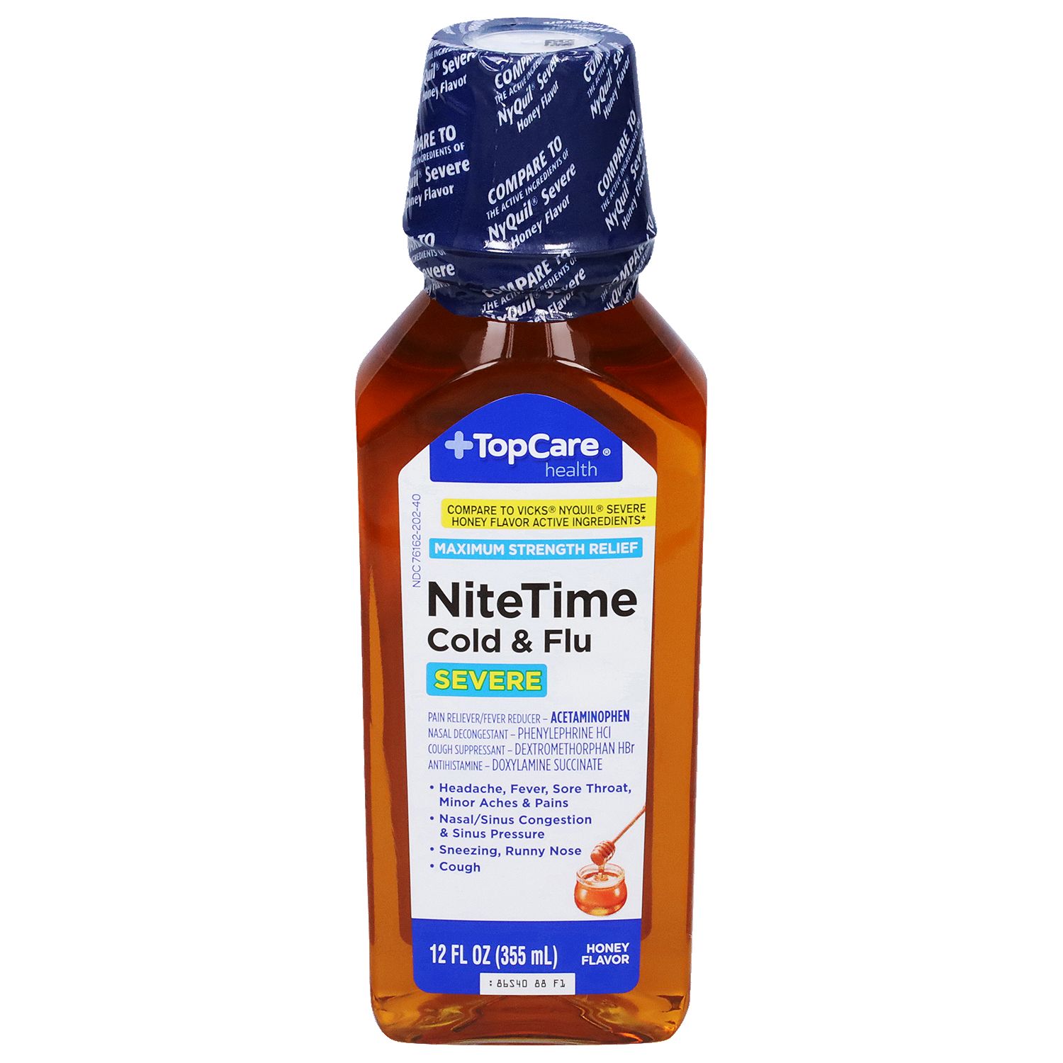 TopCare Nitetime Cold &amp; Flu Severe Honey Liquid, Maximum Strength Relief, 12 fl. oz.