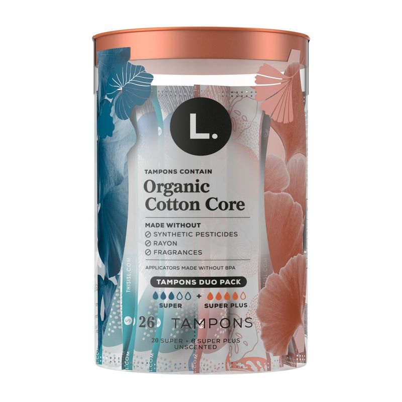 L. Tampons, Made with Organic Cotton, Super/Super Plus Absorbency, Multipack, 26 CT