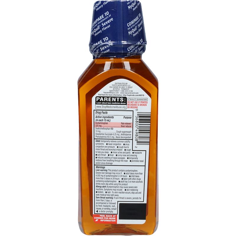 TopCare Nitetime Cold &amp; Flu Severe Honey Liquid, Maximum Strength Relief, 12 fl. oz.
