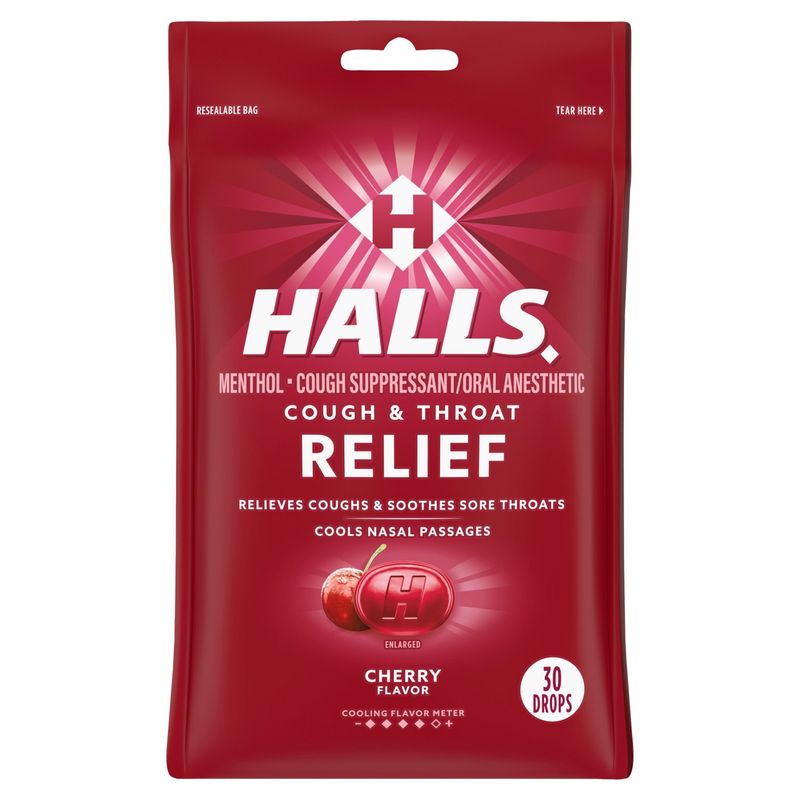 Halls Cough &amp; Throat Relief Cherry Flavor Menthol Drops, 30 count