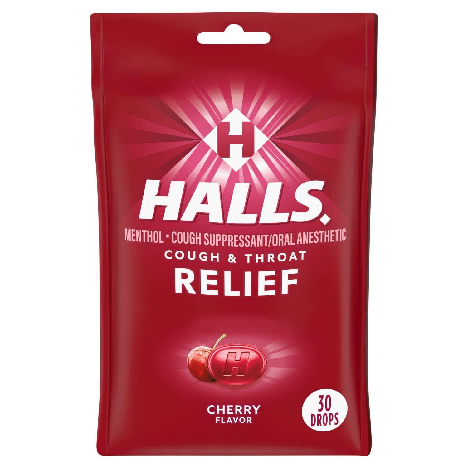 Halls Cough &amp; Throat Relief Cherry Flavor Menthol Drops, 30 count