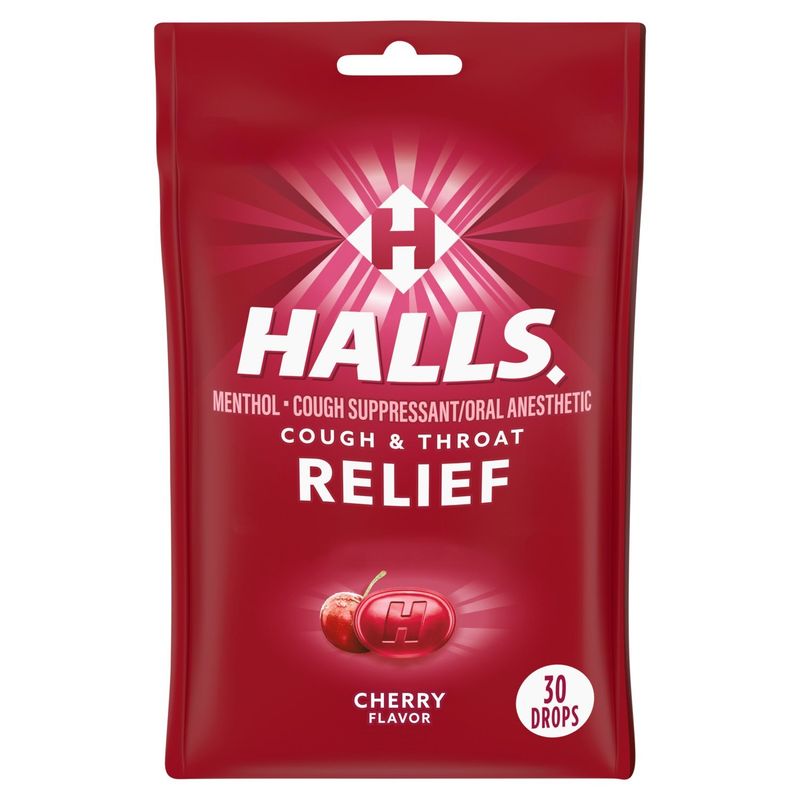 Halls Cough &amp; Throat Relief Cherry Flavor Menthol Drops, 30 count
