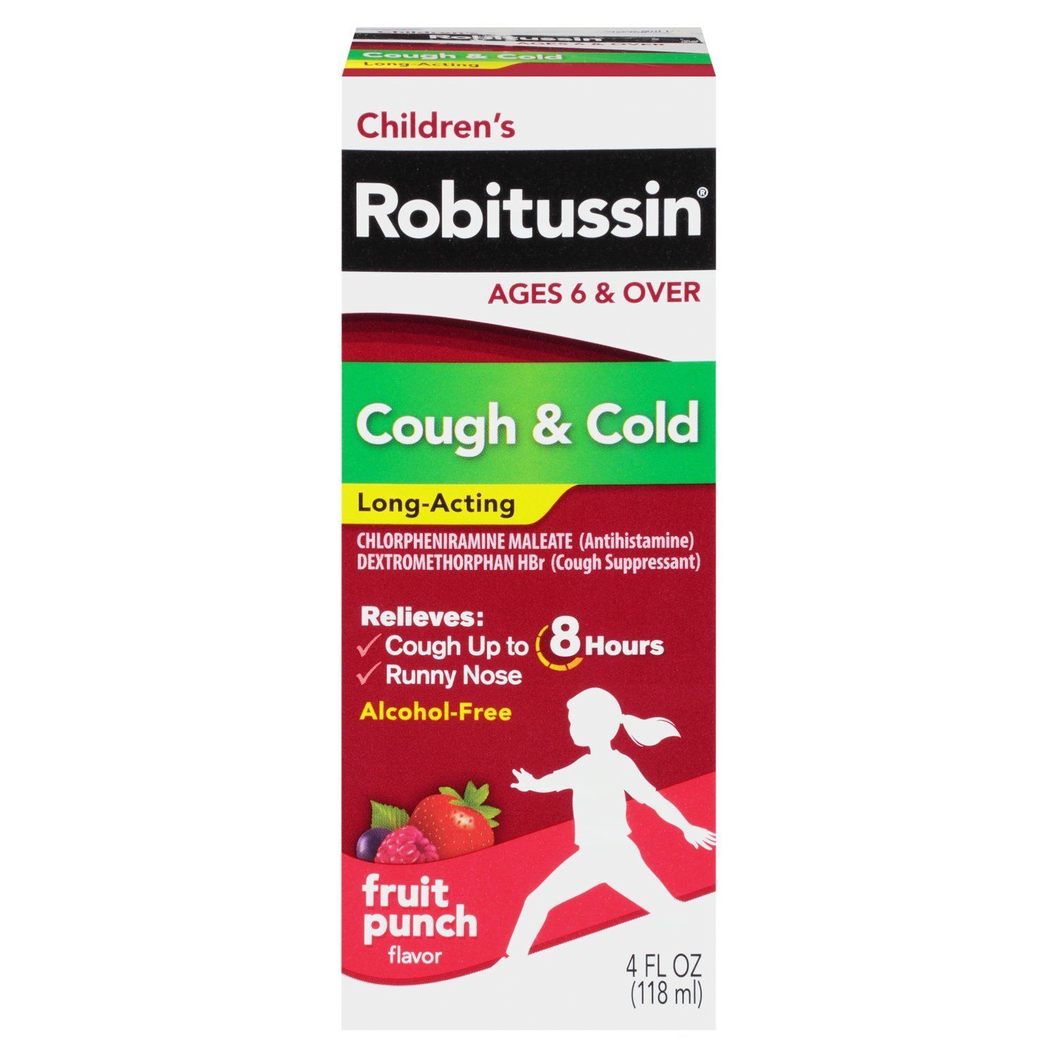 Robitussin Children's Long-Acting Fruit Punch Flavor Cough &amp; Cold Liquid, Ages 6 &amp; Over, 4 fl oz