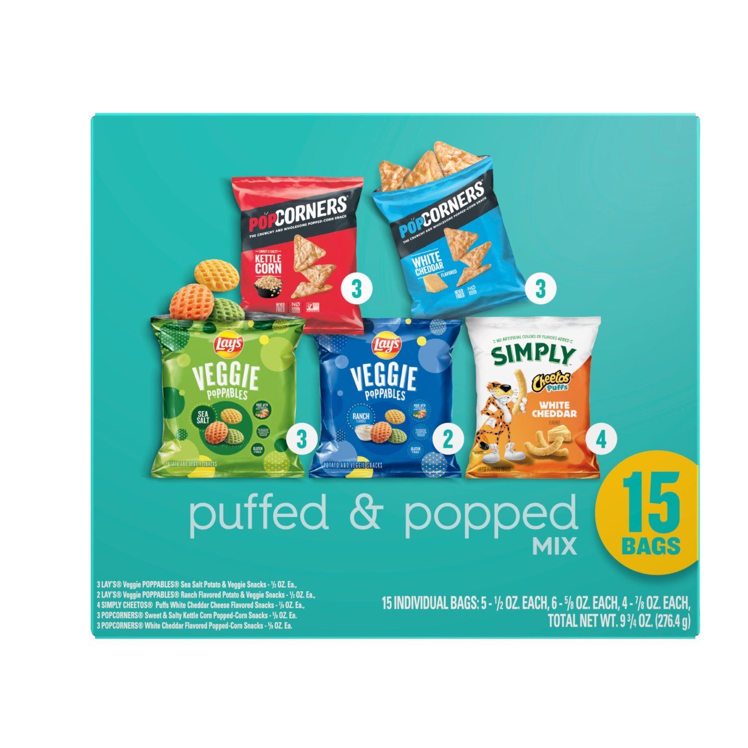 Frito Lay Snacks Puffed &amp; Popped Mix Variety Packs 9 3/4 Oz, 15 Count