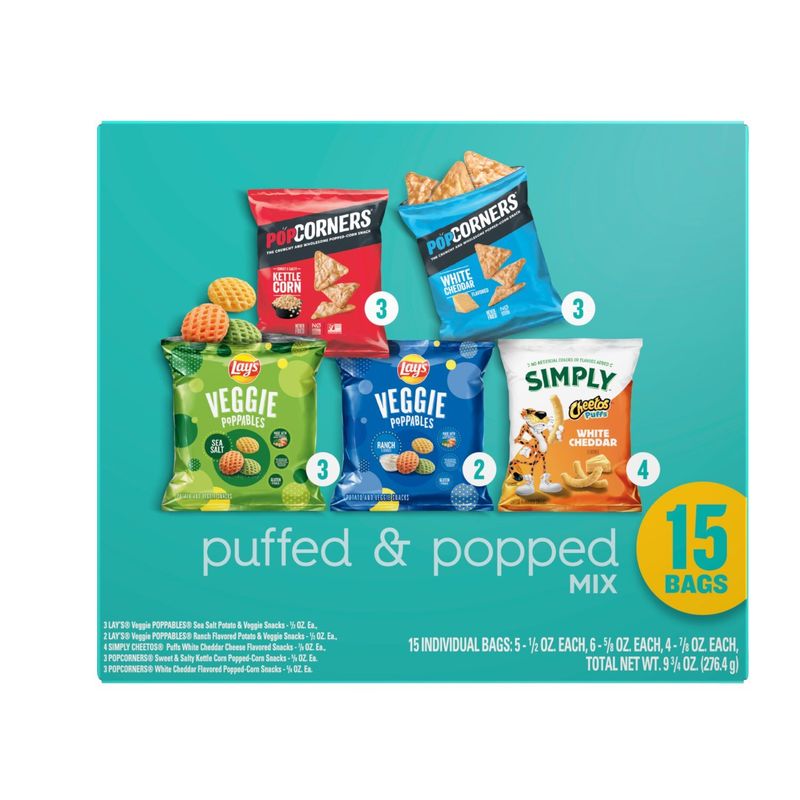 Frito Lay Snacks Puffed &amp; Popped Mix Variety Packs 9 3/4 Oz, 15 Count