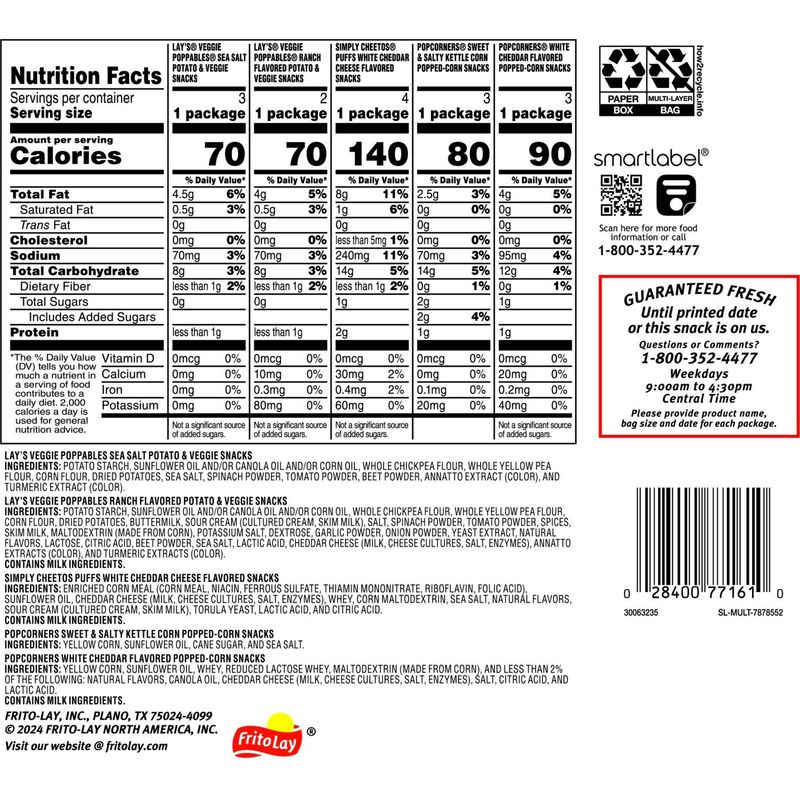 Frito Lay Snacks Puffed &amp; Popped Mix Variety Packs 9 3/4 Oz, 15 Count
