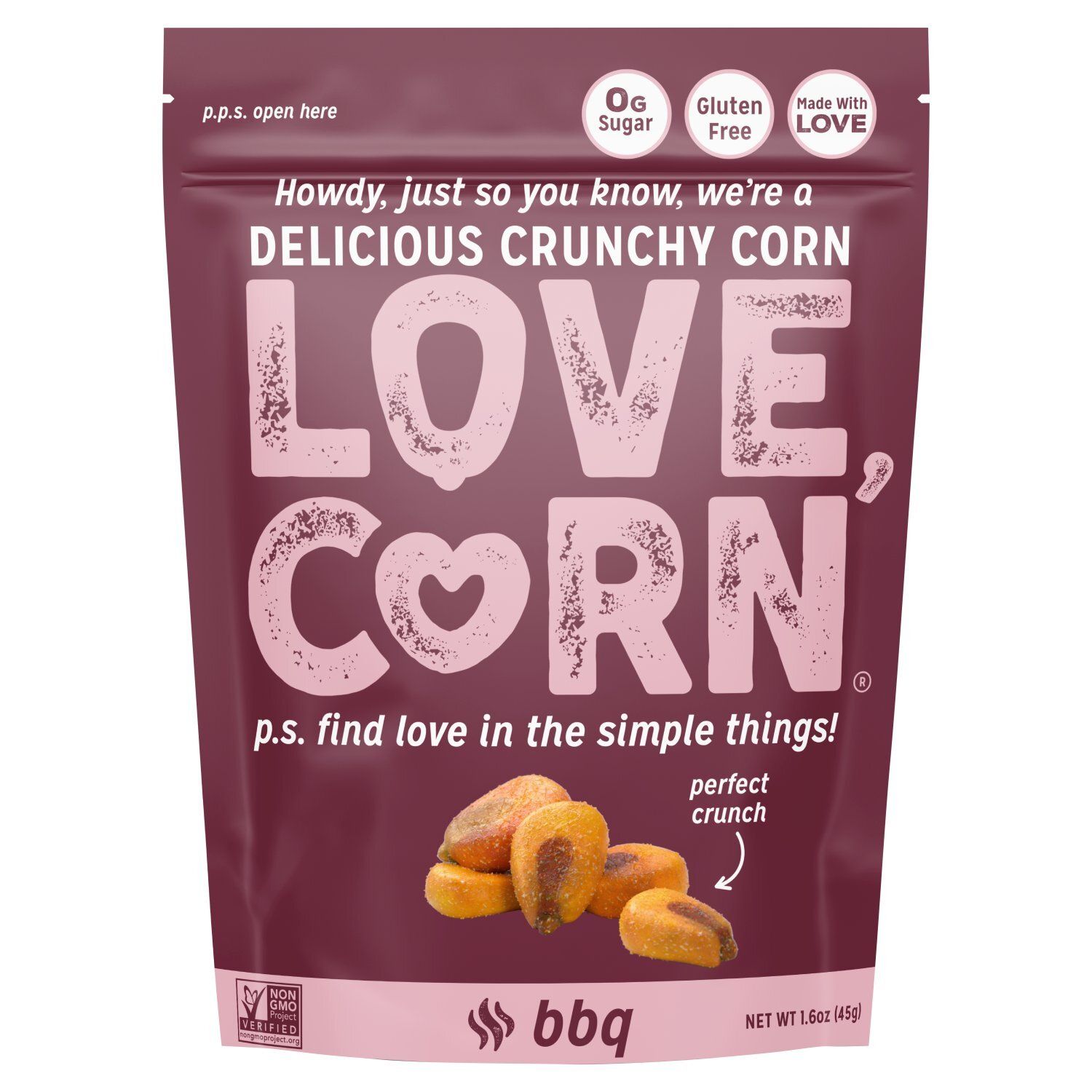 Love, Corn BBQ Delicious Crunchy Corn, 1.6 oz