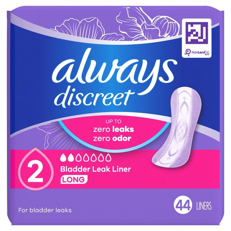 Always Discreet Incontinence Panty Liners for Bladder Leaks, Size 2, Very Light Absorbency, Long Le