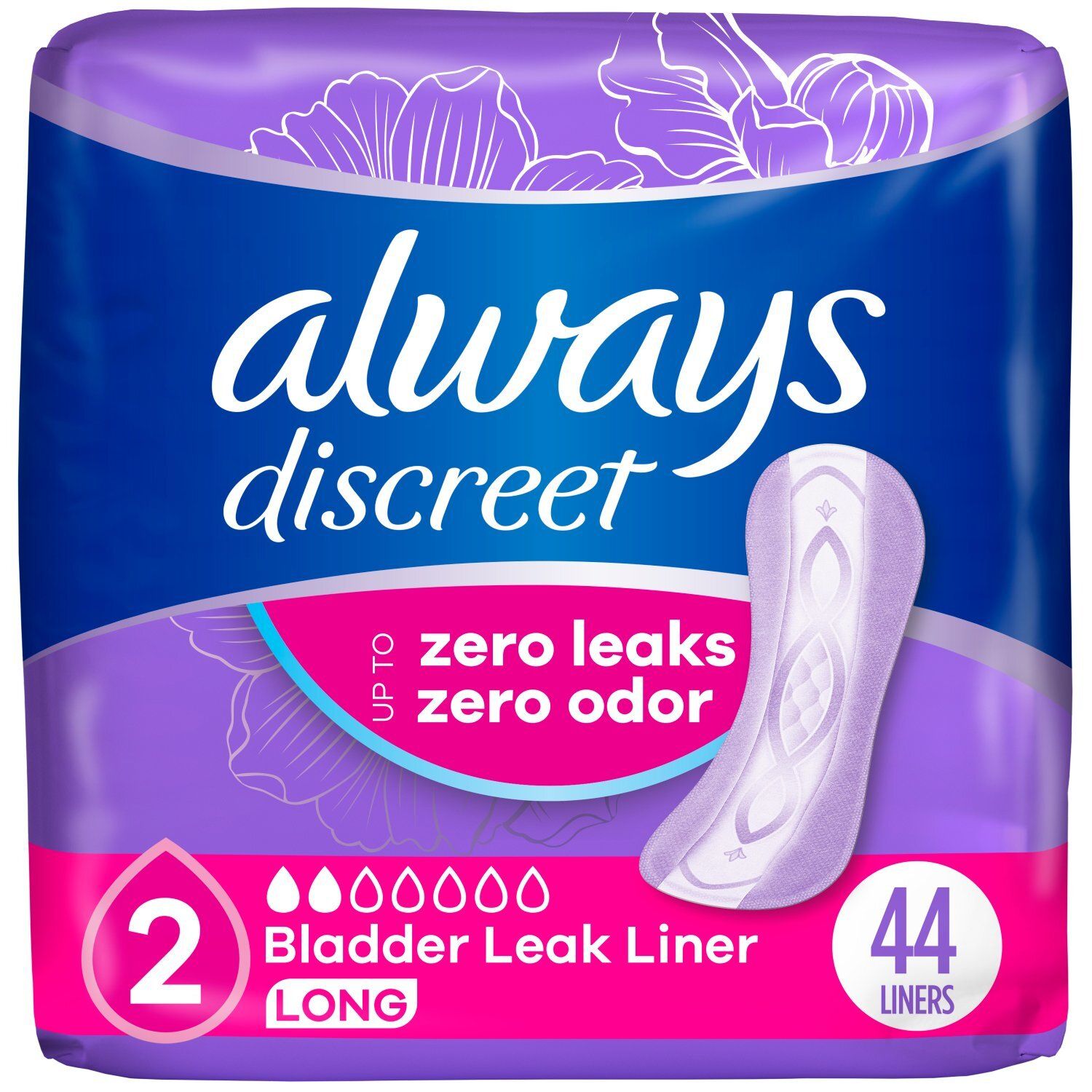 Always Discreet Incontinence Panty Liners for Bladder Leaks, Size 2, Very Light Absorbency, Long Le