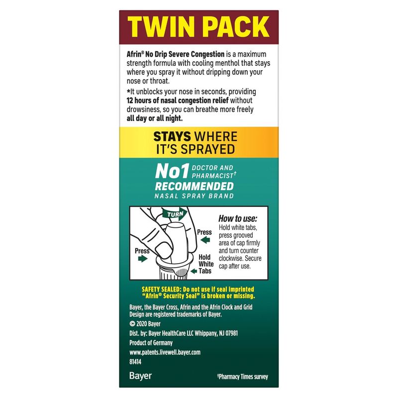 Afrin No Drip Severe Congestion Nasal Pump Mist Twin Pack, 1/2 fl oz, 2 count