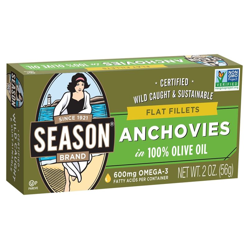 Season Brand Flat Fillets Anchovies in 100% Olive Oil, 2 oz