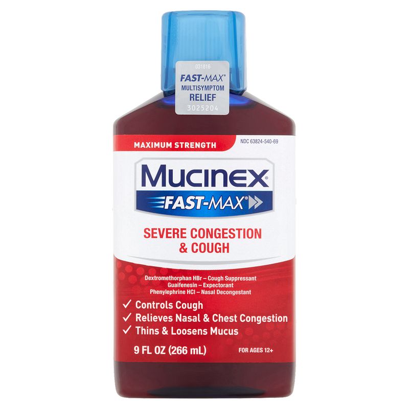 Mucinex Fast-Max Maximum Strength Severe Congestion &amp; Cough Liquid, for Ages 12+, 9 fl oz
